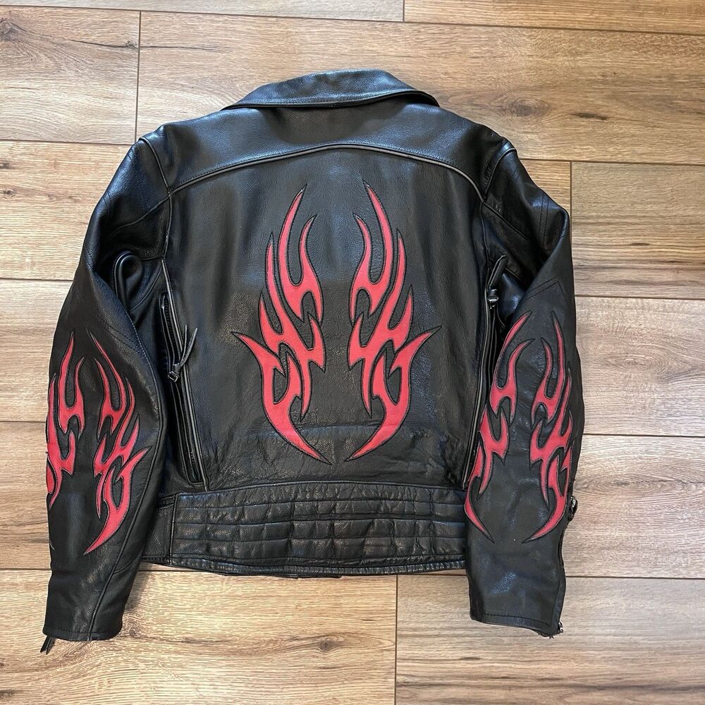 First Gear Black Leather Flames Motorcycle Riding Biker Jacket Women's L w/Liner - Picture 2 of 11